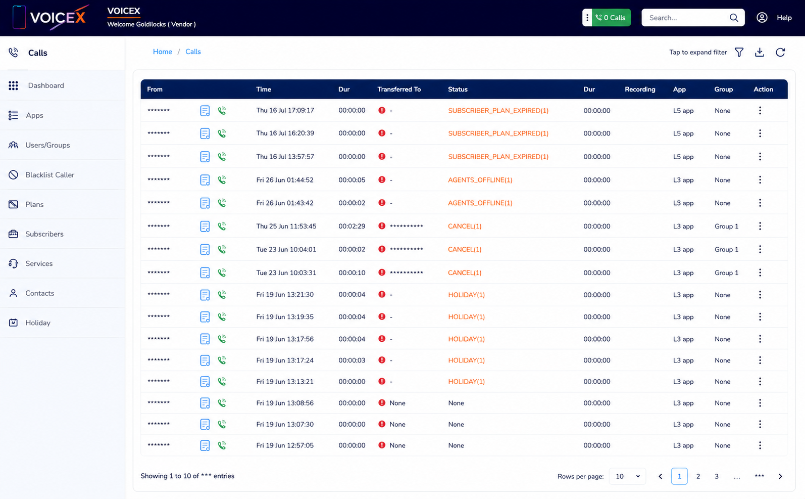 VoiceX subscriber dashboard — live product screenshot